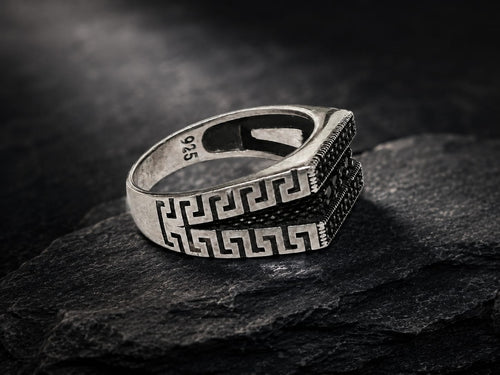 925 Sterling Silver Black Onyx Signet Ring – Greek Key Men's Statement Ring