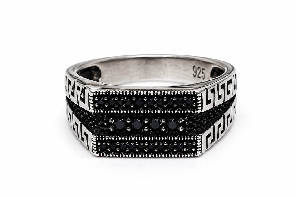 925 Sterling Silver Black Onyx Signet Ring – Greek Key Men's Statement Ring