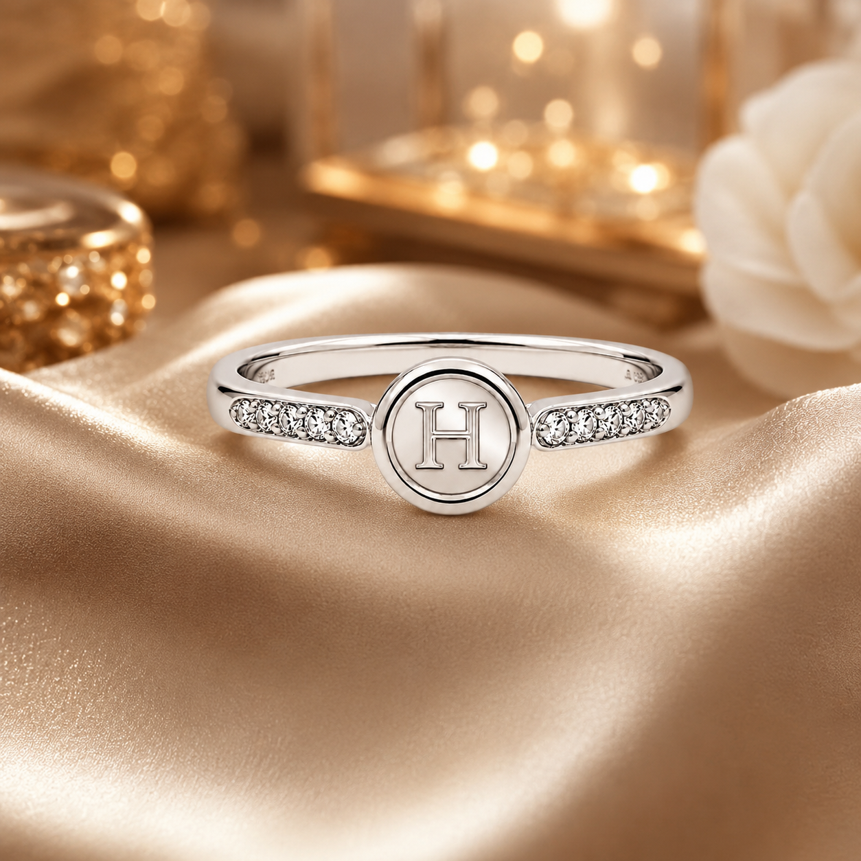 925 Sterling Silver Initial "H" Zircon Adjustable Ring for Women