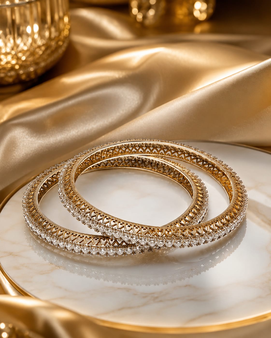 Elegant Gold-Tone Openwork Crystal Studded Bangles for Women