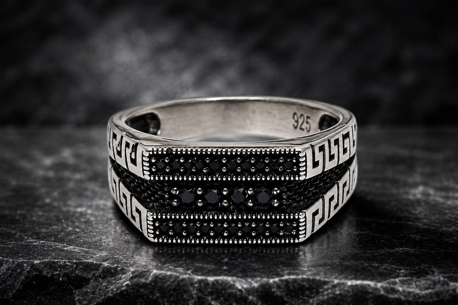 925 Sterling Silver Black Onyx Signet Ring – Greek Key Men's Statement Ring