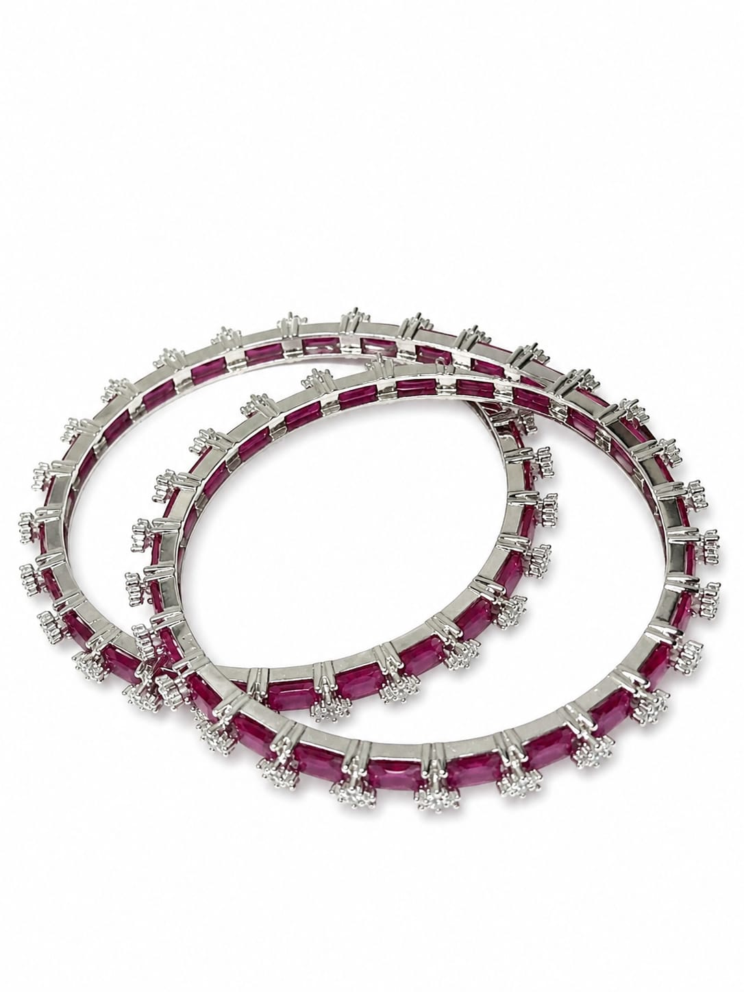 Elegant Silver-Tone Ruby Red Baguette Stone Designer Bangles for Women