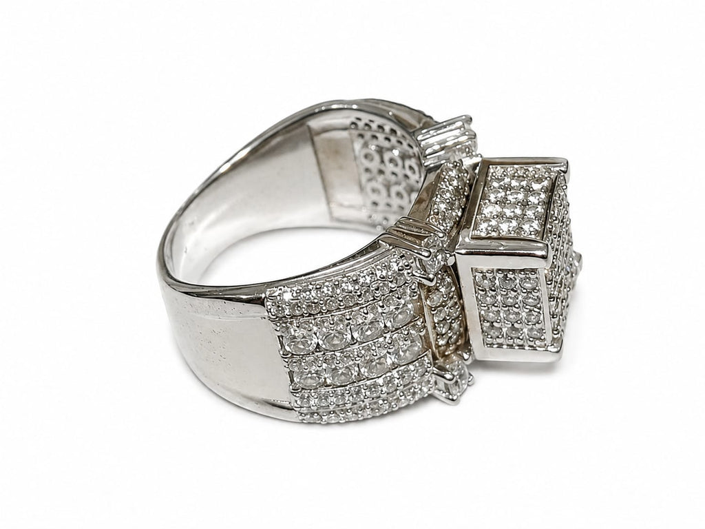Luxury Iced-Out Square Signet Ring – Silver Tone Crystal Statement Ring