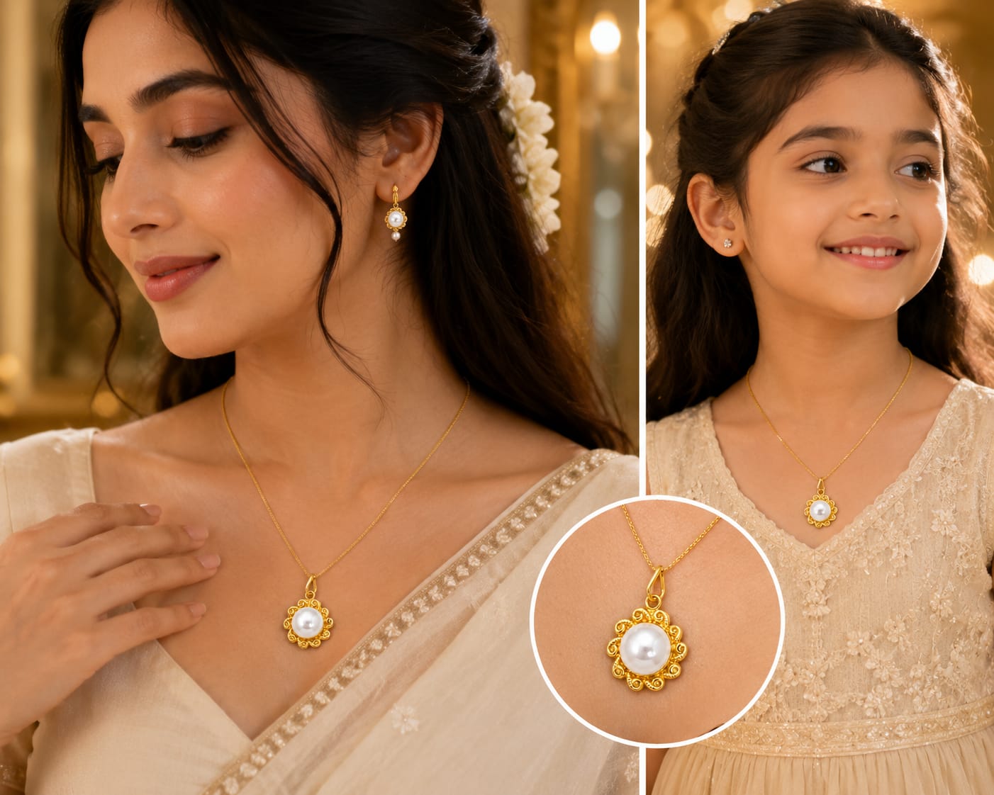 18K Gold Classic Pearl Floral Pendant
