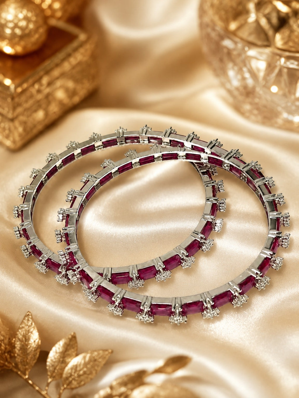 Elegant Silver-Tone Ruby Red Baguette Stone Designer Bangles for Women