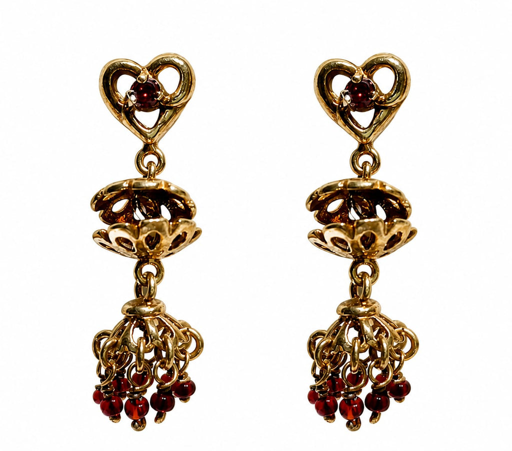 Vintage Gold-Tone Heart Tassel Drop Earrings with Ruby Red Beads