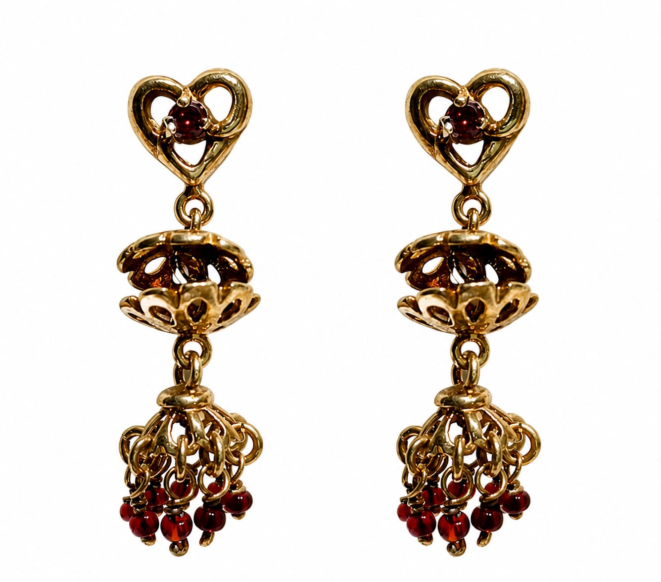 Vintage Gold-Tone Heart Tassel Drop Earrings with Ruby Red Beads