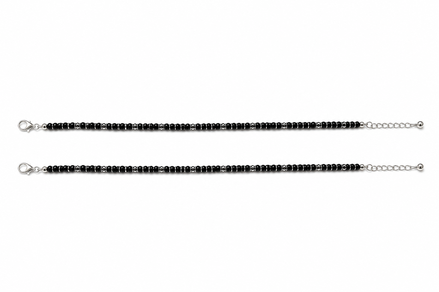 925 Sterling Silver Black Beaded Anklet Pair for Women