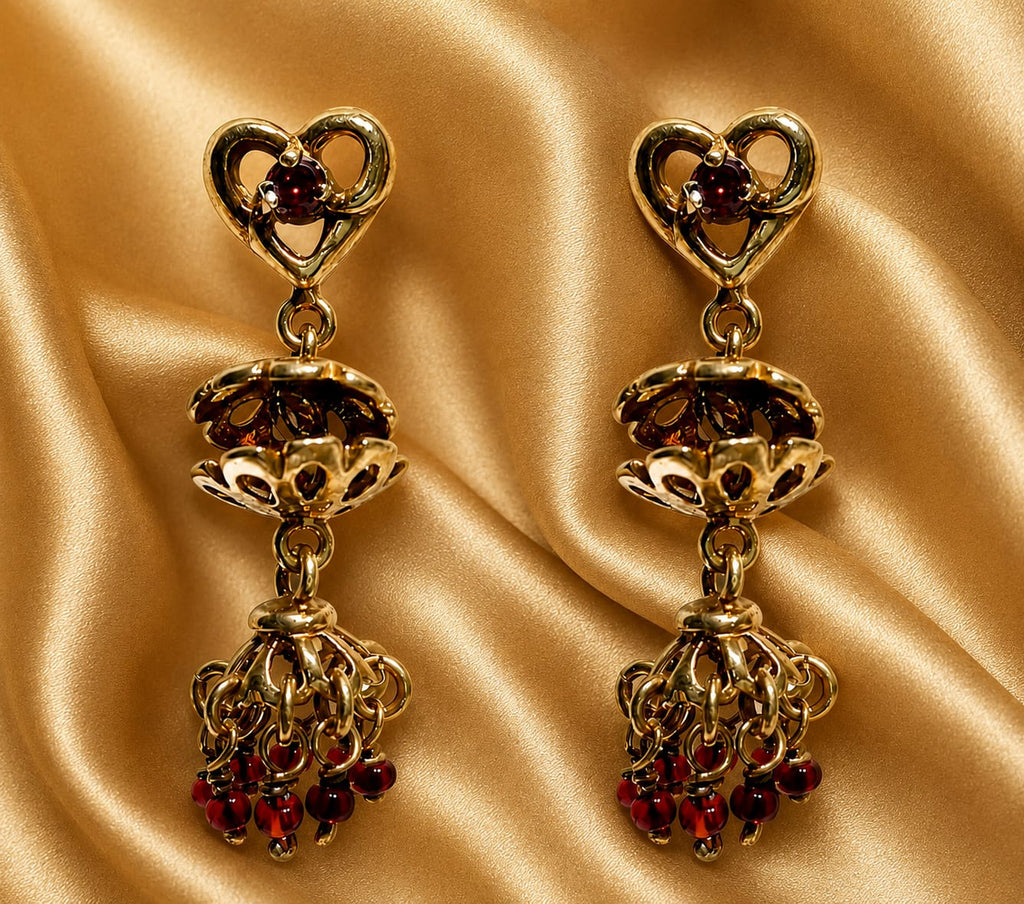 Vintage Gold-Tone Heart Tassel Drop Earrings with Ruby Red Beads