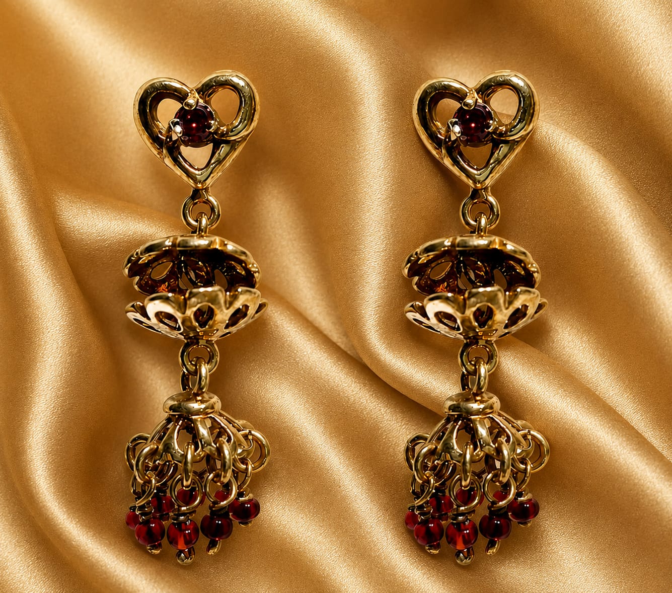 Vintage Gold-Tone Heart Tassel Drop Earrings with Ruby Red Beads