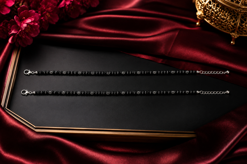 925 Sterling Silver Black Beaded Anklet Pair for Women