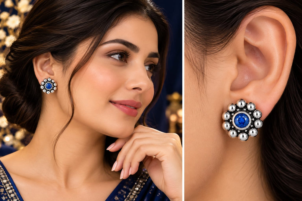 Royal Blue and Green  Gemstone Silver Stud Earrings