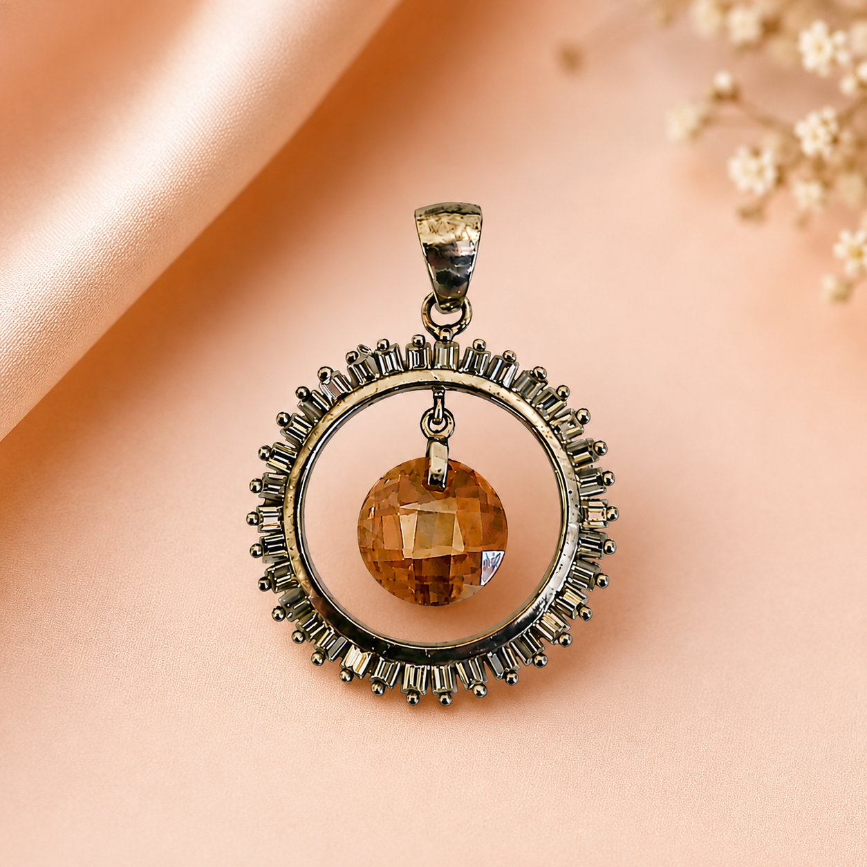Radiant Amber Crystal Halo Pendant Necklace