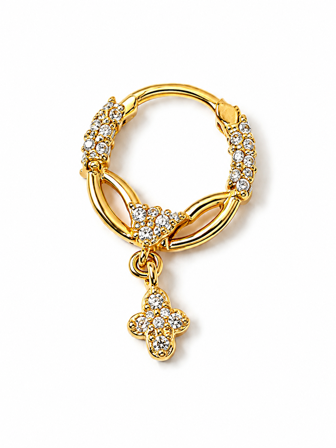 18K Gold Crystal-Embellished Hoop Nose Ring with Floral Drop