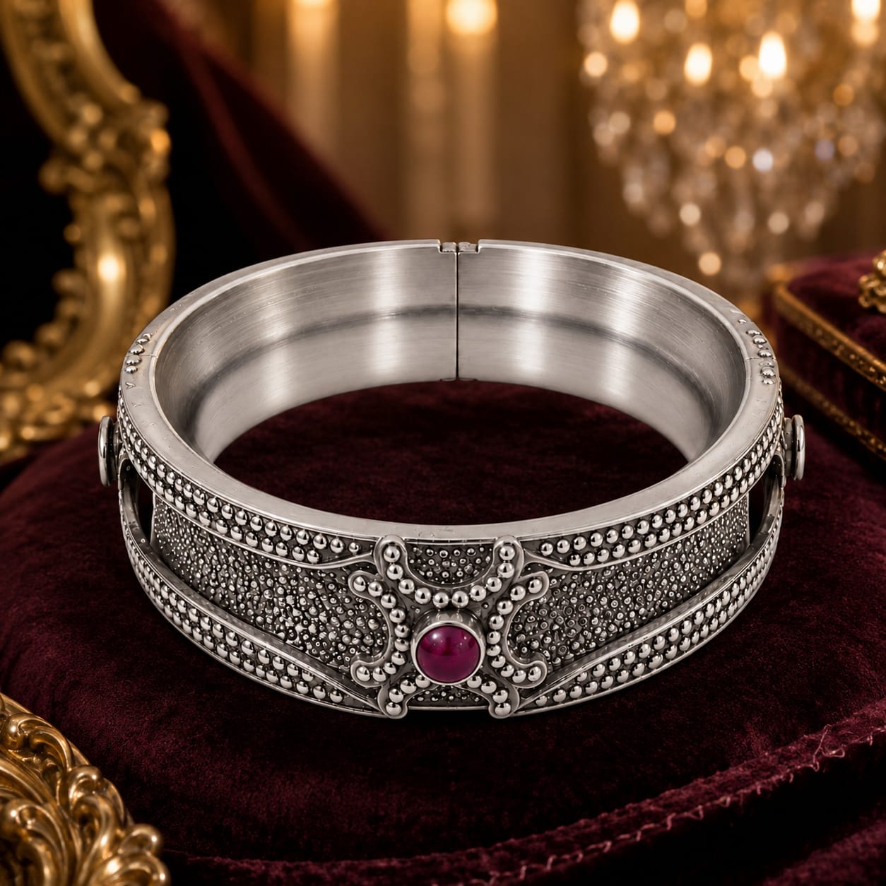 Kritharth Jewels Premium Oxidised Silver-Tone Kada Bracelet with Ruby-Red Stone