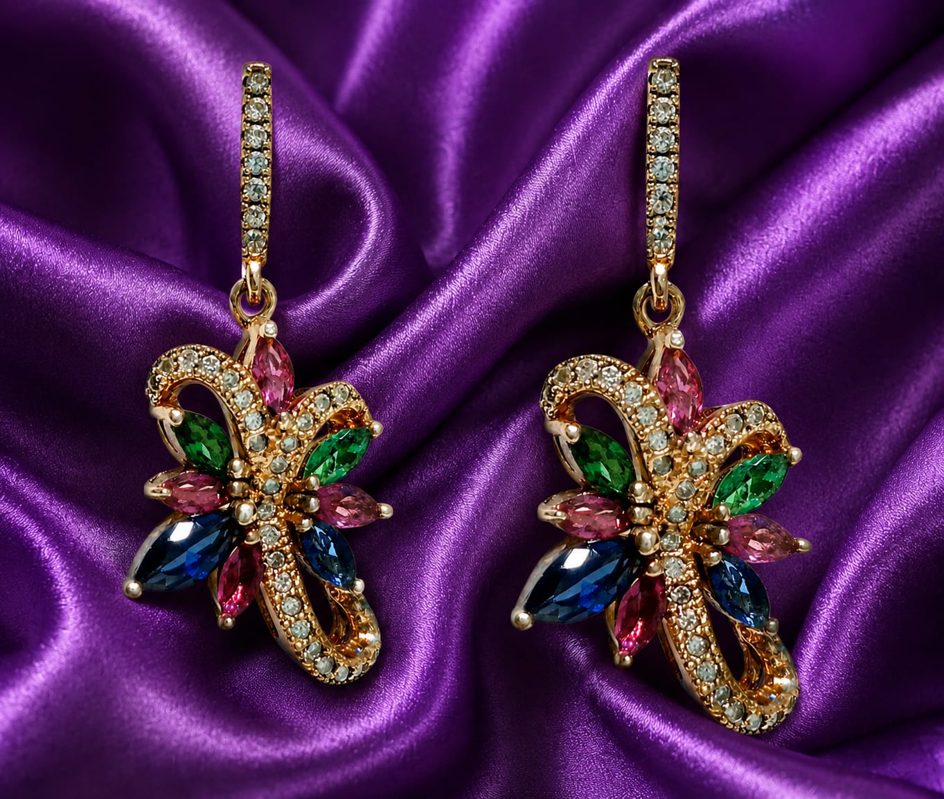 Multicolor Crystal Floral Drop Earrings for Women