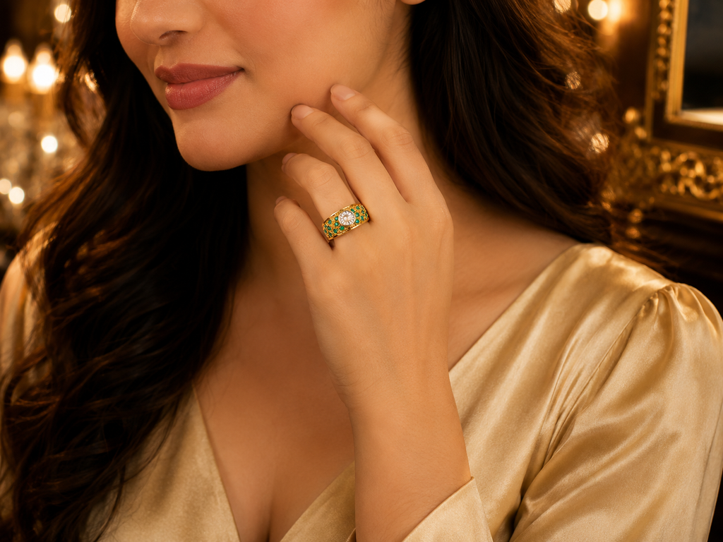 925 Gold-Plated Emerald Green CZ Statement Ring for Women