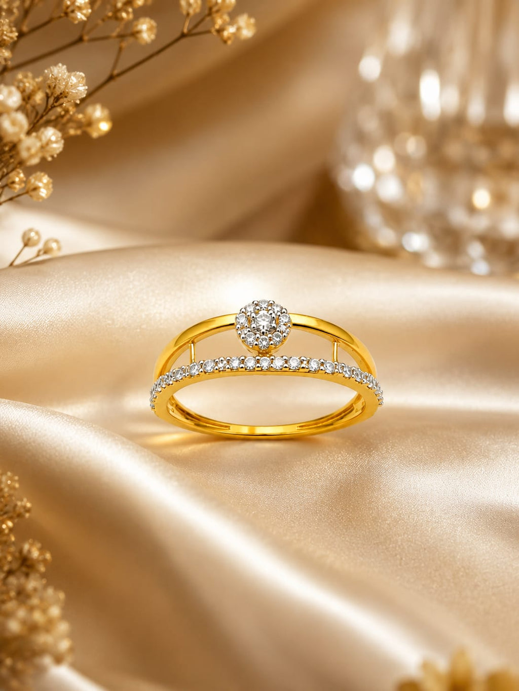 18K Gold Diamond Halo Open Band Ring for Women