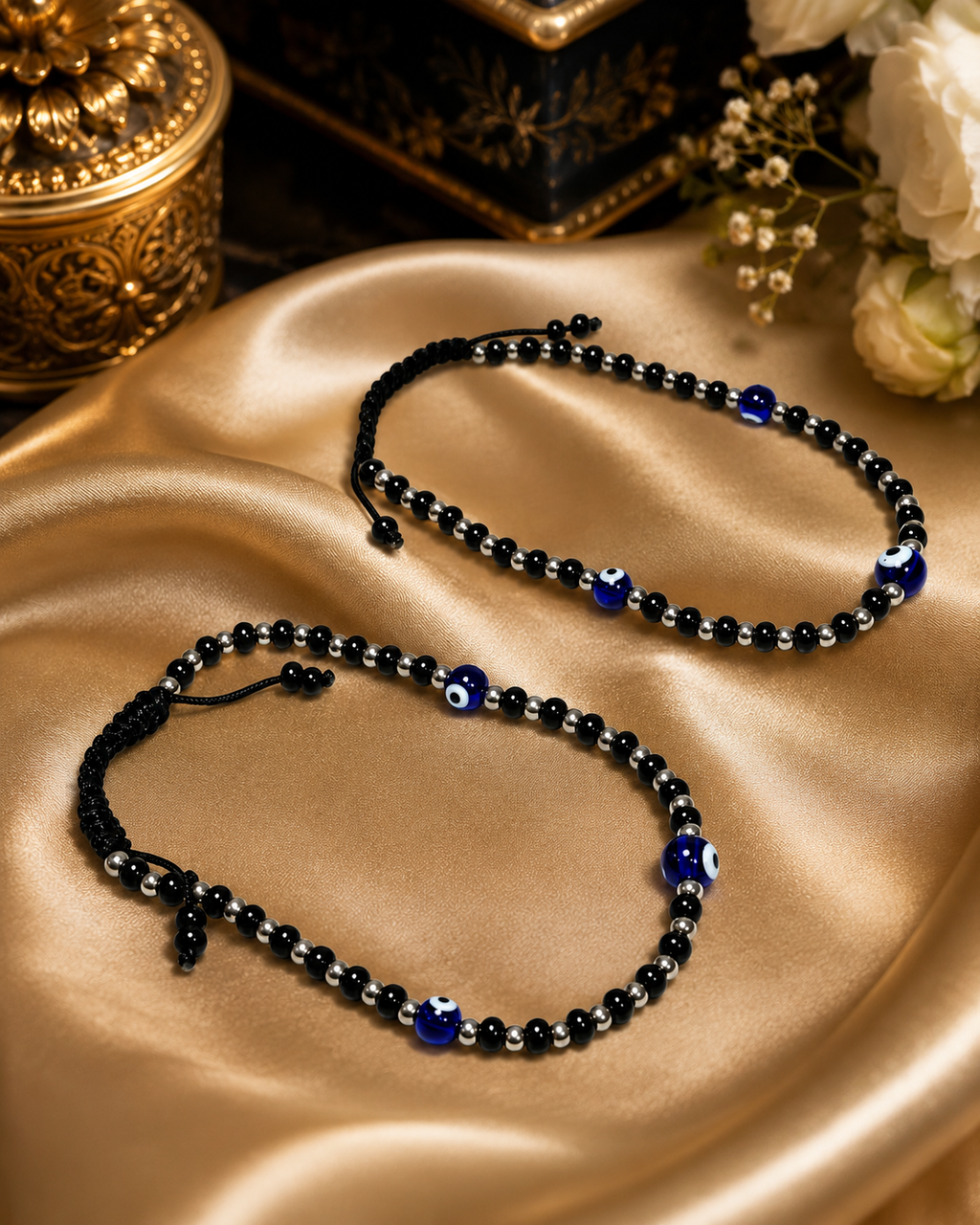 Evil Eye Black Beaded Adjustable Anklet Pair for Women