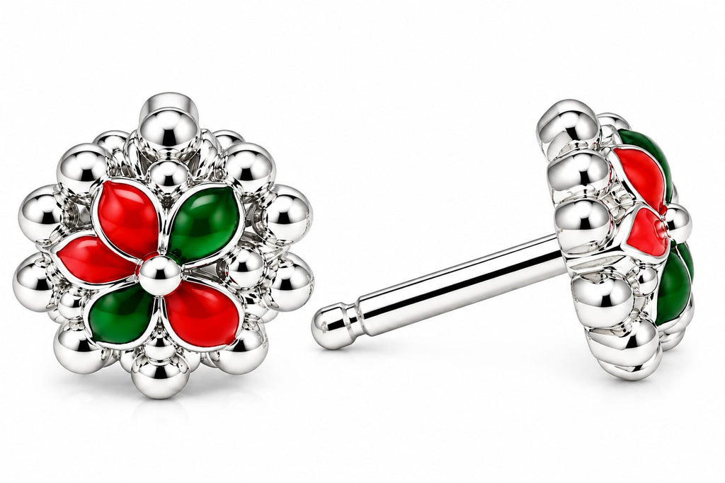 Red & Green Floral Silver Stud Earrings For Women
