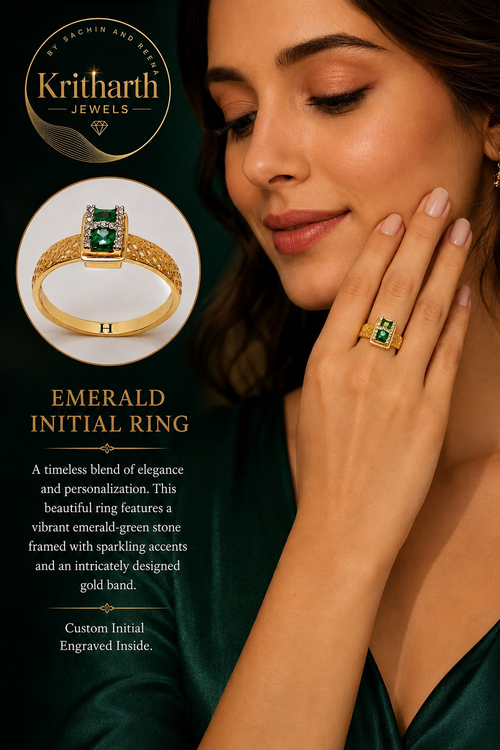 18K Gold Emerald & Diamond Geometric Ring for Women