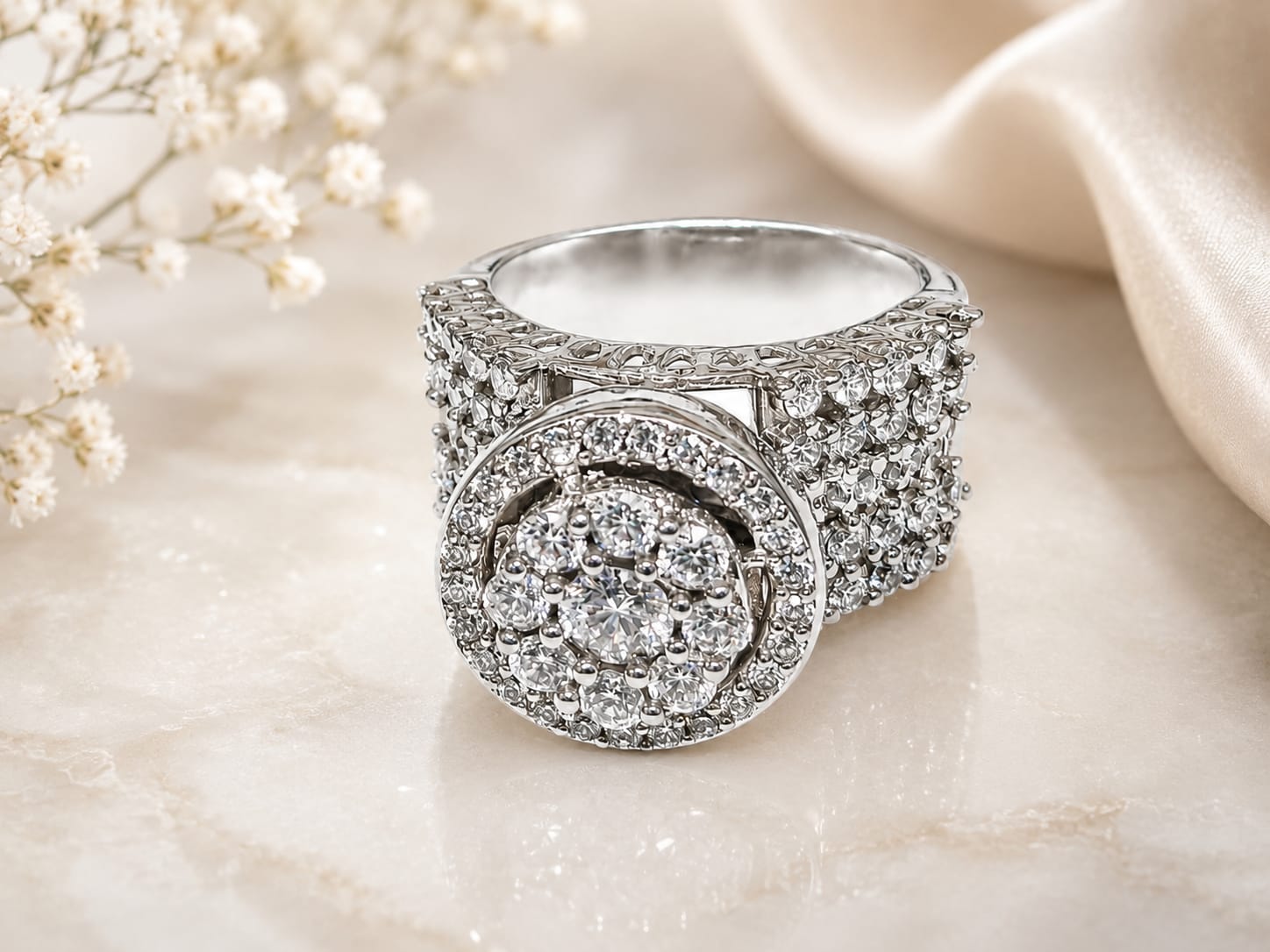 Luxury Round Halo Crystal Ring – Silver-Tone Iced-Out Statement Ring