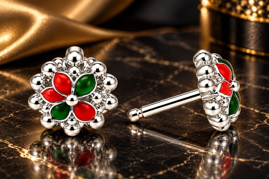 Red & Green Floral Silver Stud Earrings For Women