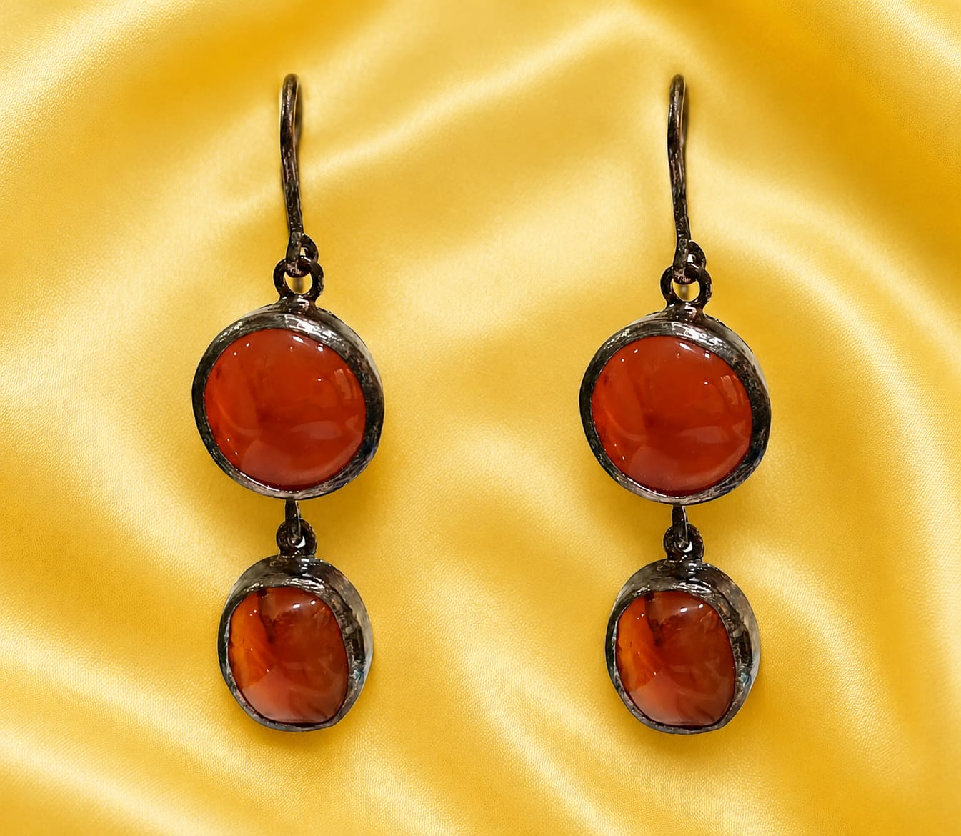 Rustic Carnelian Double-Drop Earrings in Oxidized Silver Finish