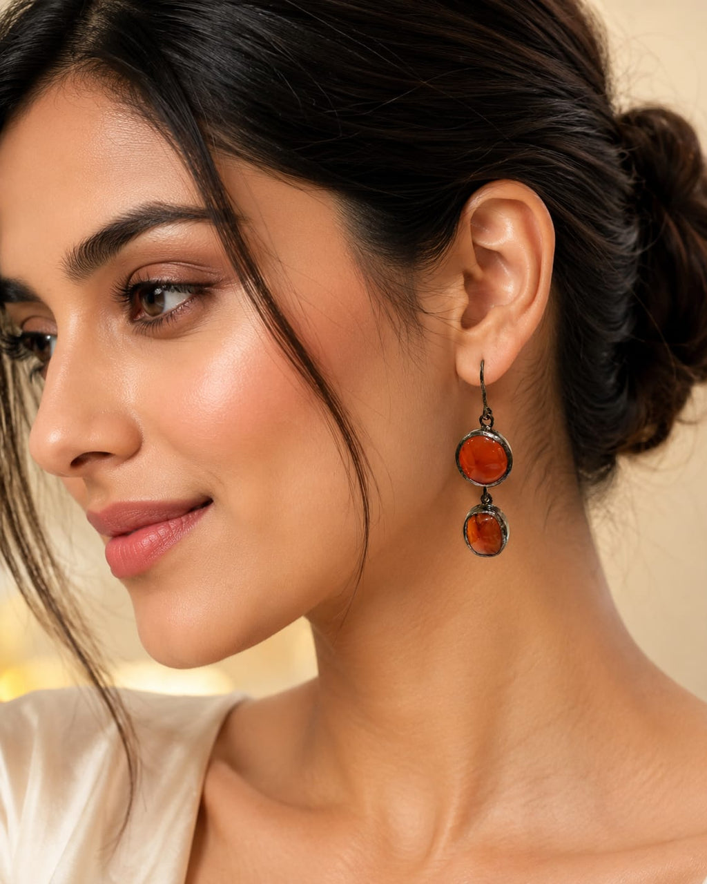 Rustic Carnelian Double-Drop Earrings in Oxidized Silver Finish
