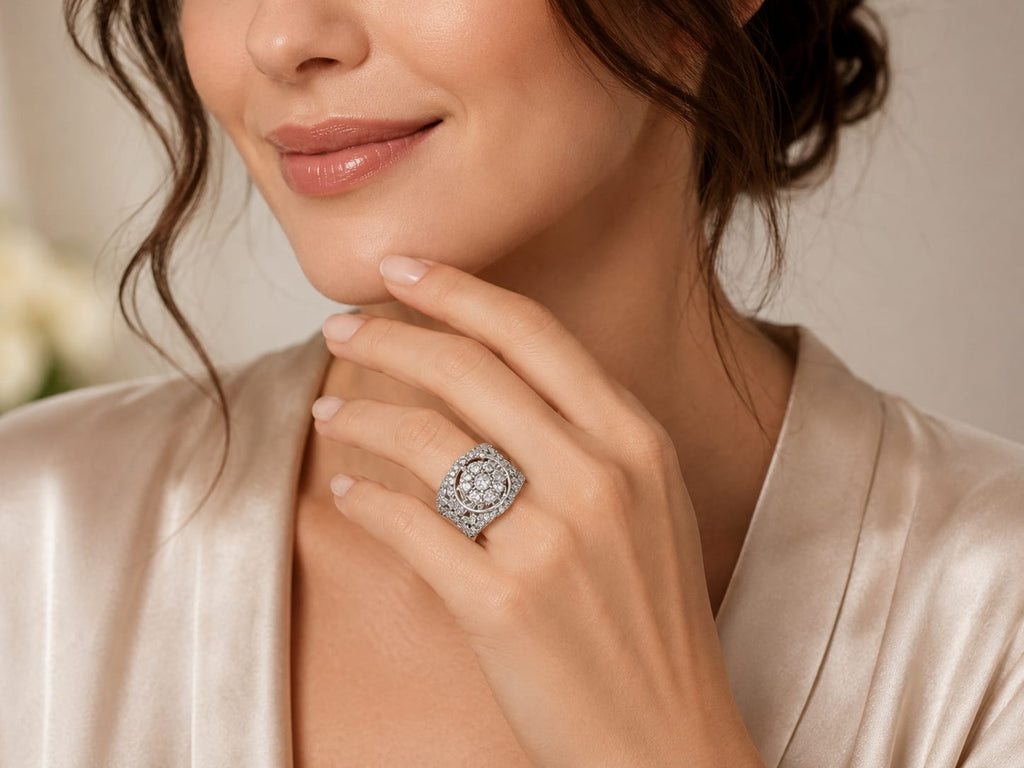 Luxury Round Halo Crystal Ring – Silver-Tone Iced-Out Statement Ring