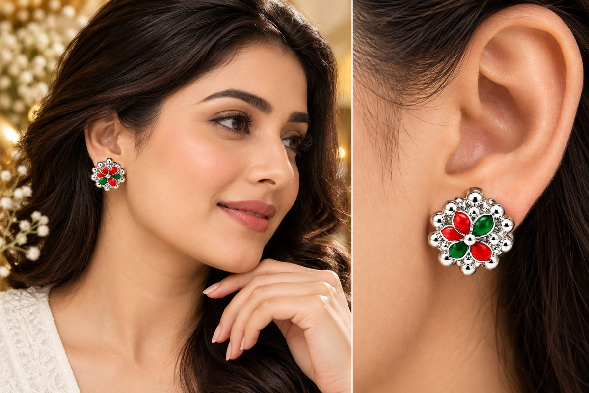 Red & Green Floral Silver Stud Earrings For Women