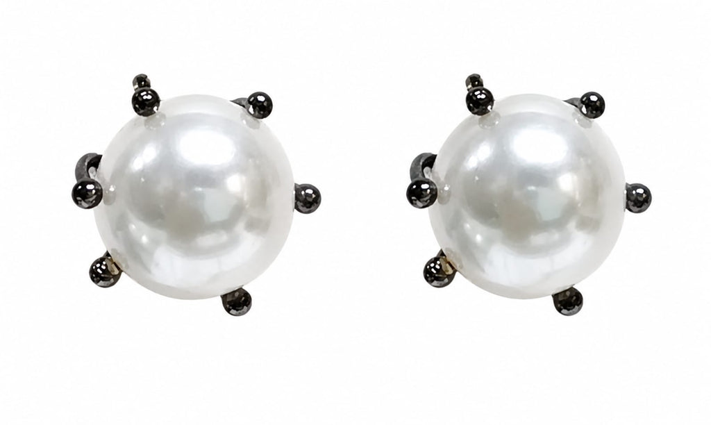 Classic Pearl Stud Earrings with Black-Tone Accents