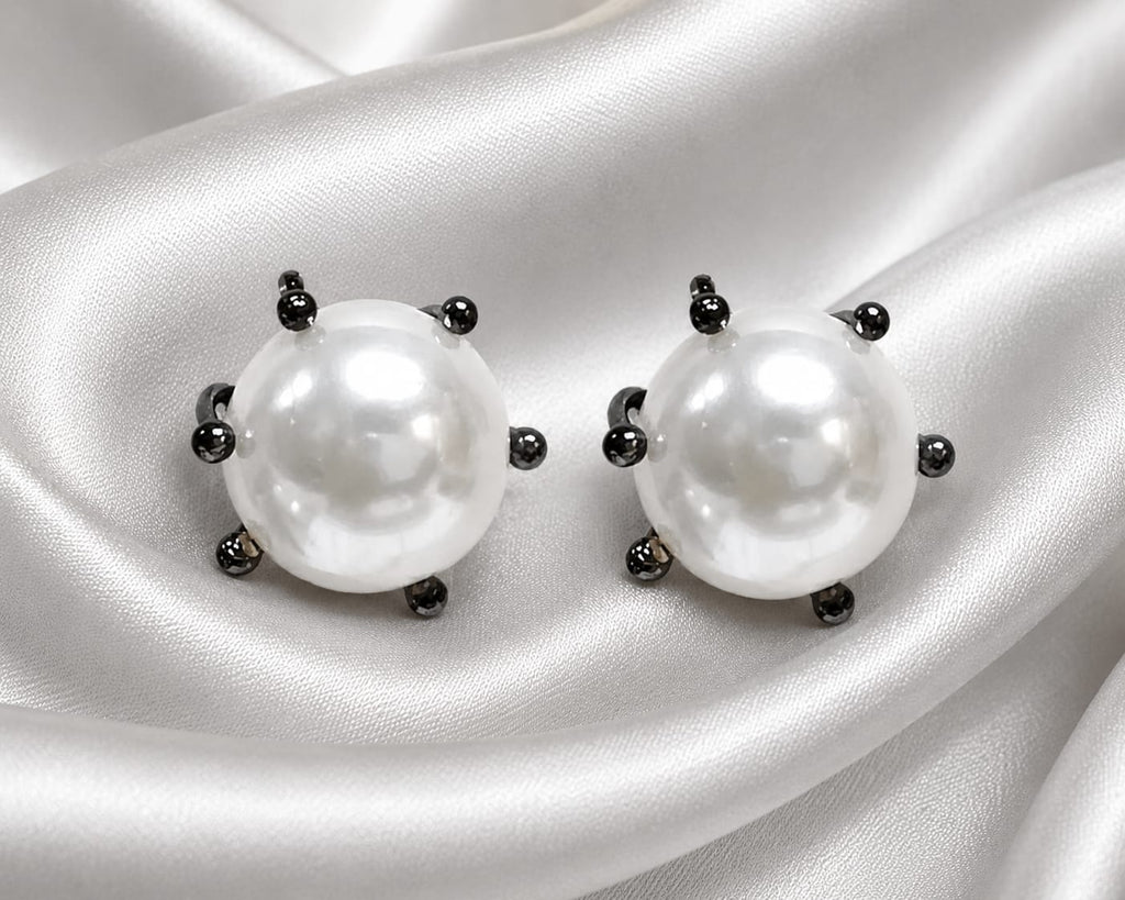Classic Pearl Stud Earrings with Black-Tone Accents