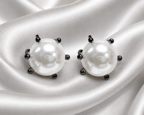 Classic Pearl Stud Earrings with Black-Tone Accents