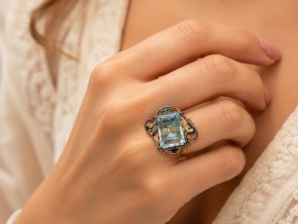Vintage Aqua Crystal Floral Statement Ring