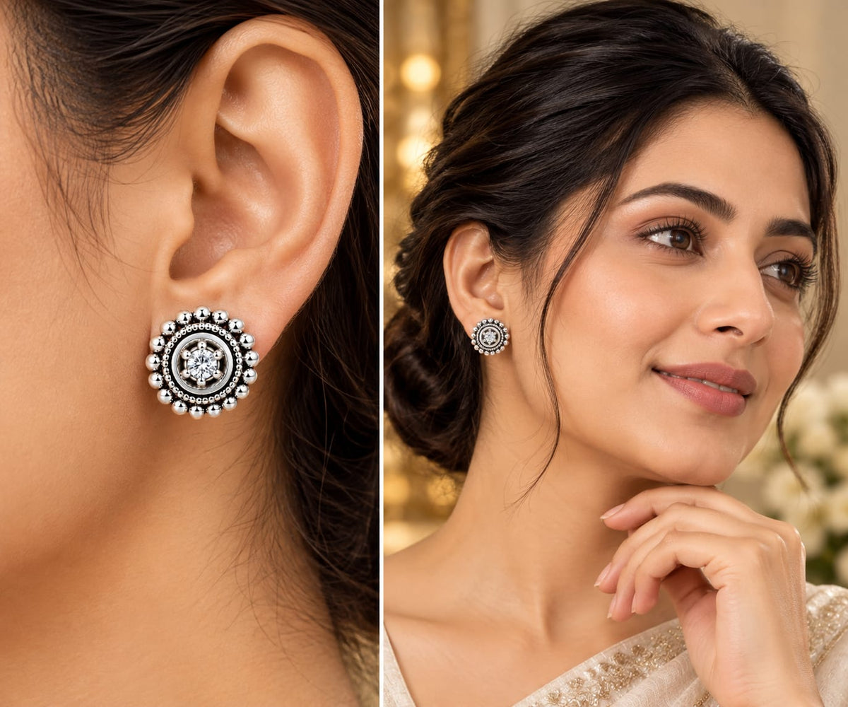 Classic Crystal Halo Silver Stud Earrings