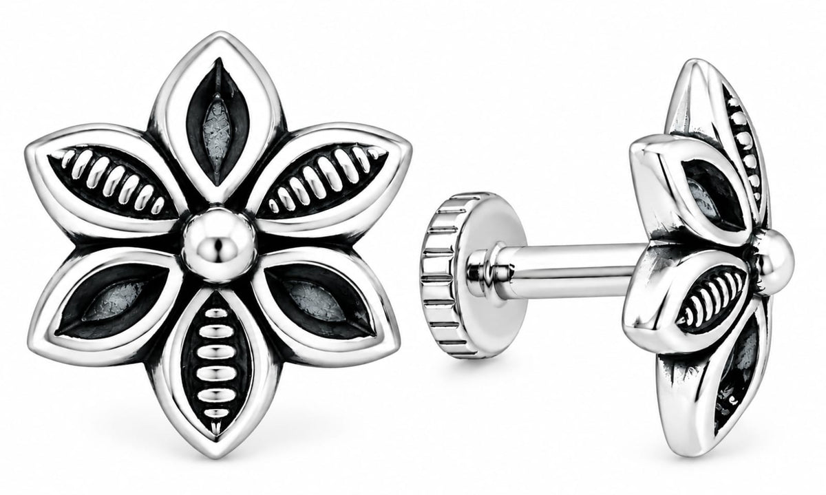 Elegant Black & Silver Floral Stud Earrings
