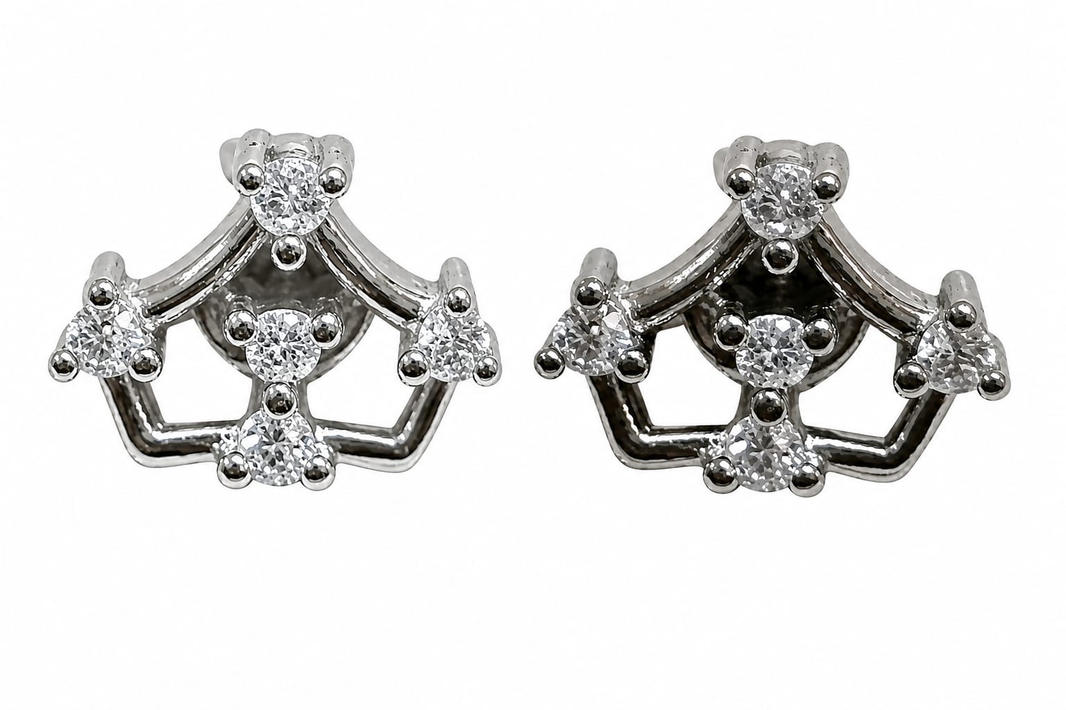 Geometric Crystal Crown Stud Earrings in Silver Tone