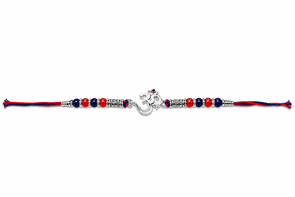 Divine Om & Ganesha Silver Rakhi with Red & Blue Beads