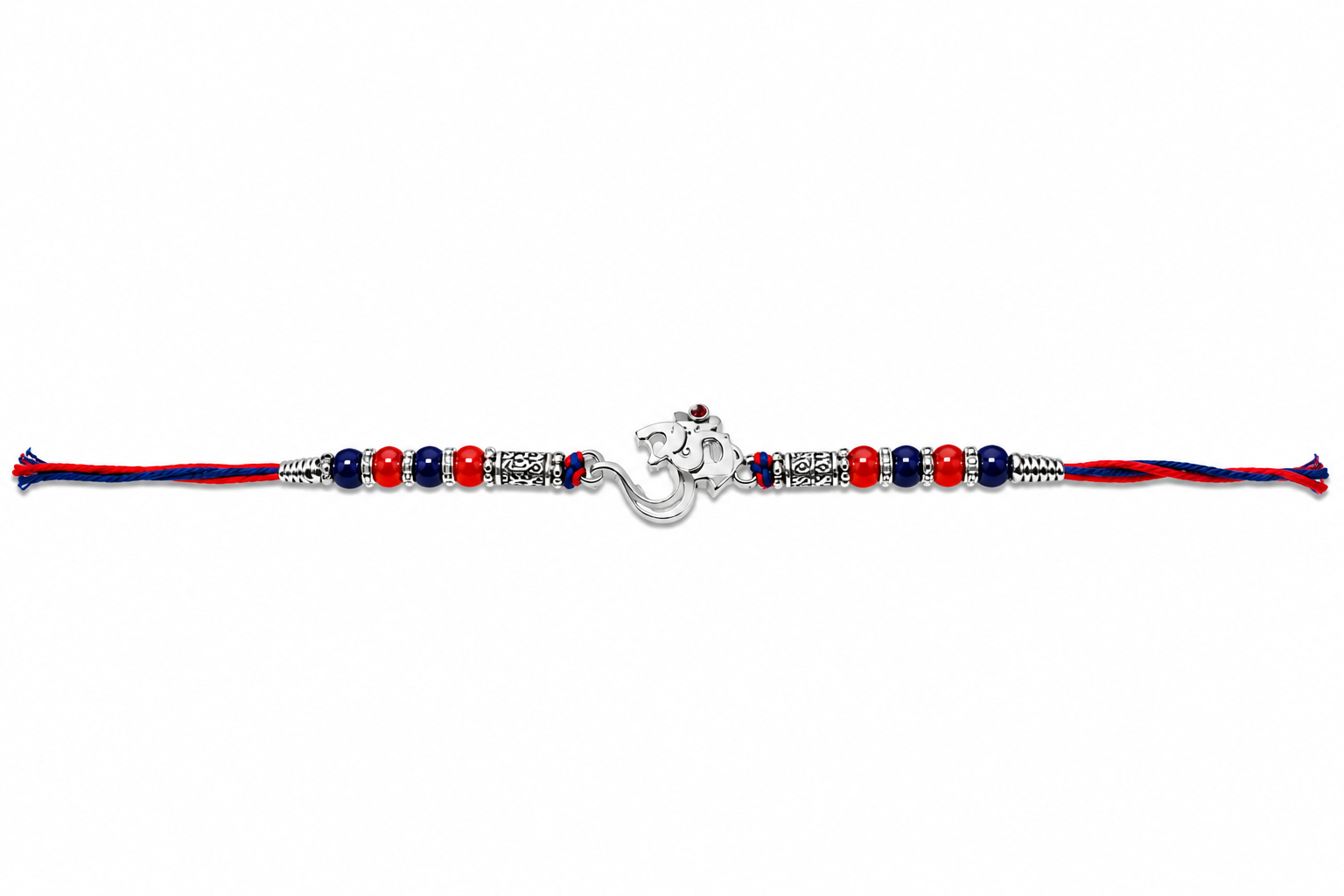 Divine Om & Ganesha Silver Rakhi with Red & Blue Beads