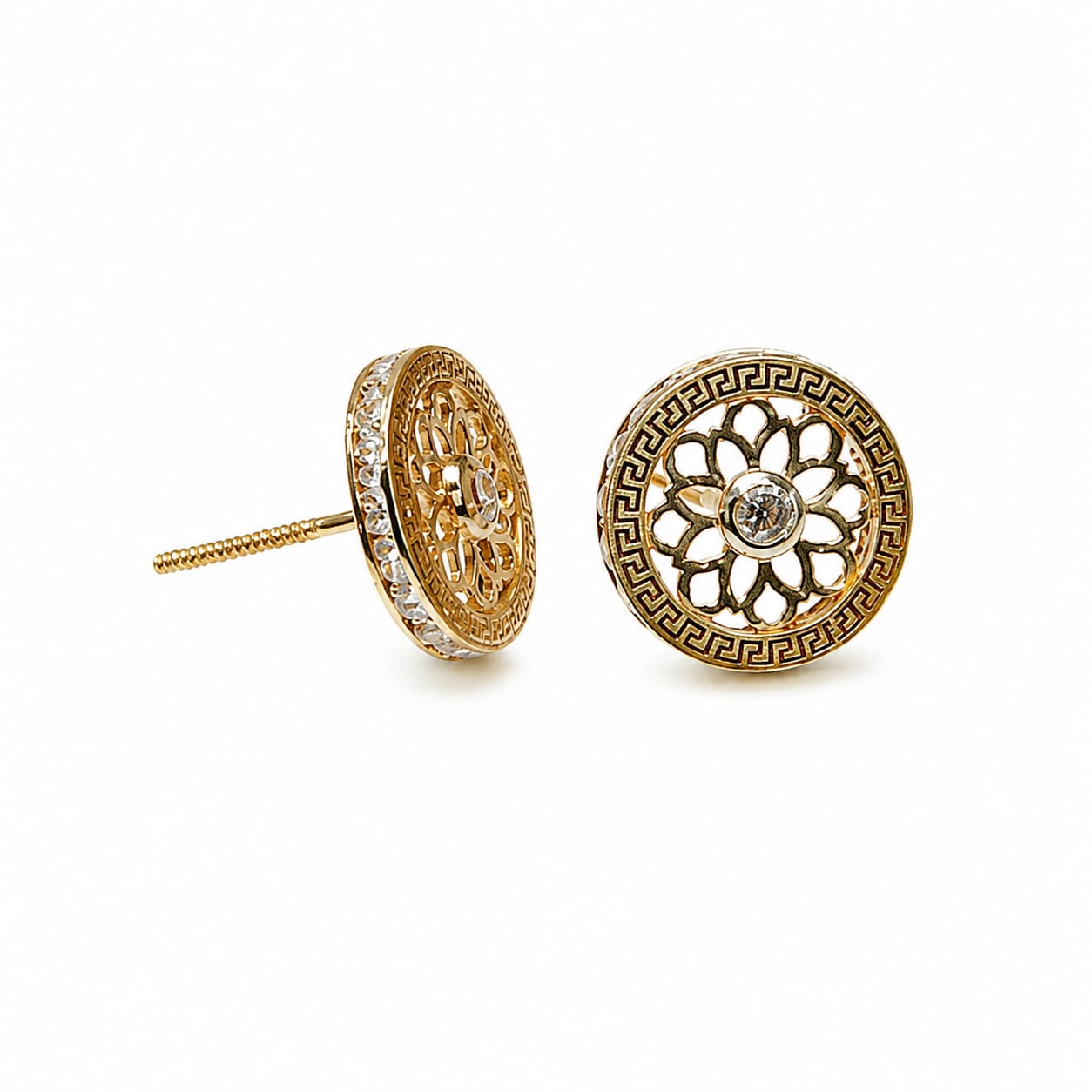 18K Gold  Floral Mandala Stud Earrings with Cubic Zirconia