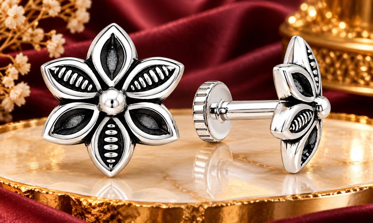 Elegant Black & Silver Floral Stud Earrings