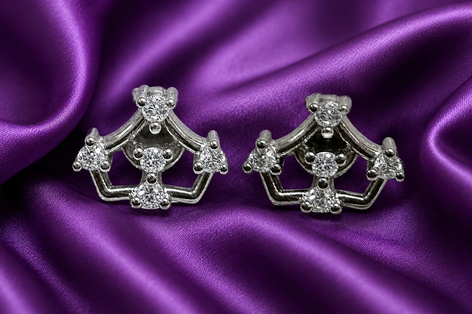 Geometric Crystal Crown Stud Earrings in Silver Tone