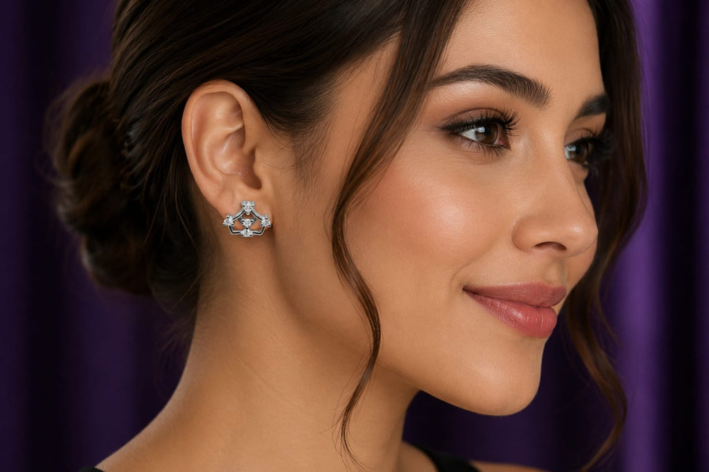 Geometric Crystal Crown Stud Earrings in Silver Tone