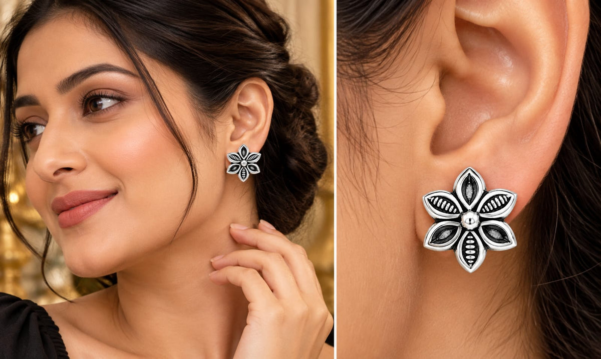 Elegant Black & Silver Floral Stud Earrings