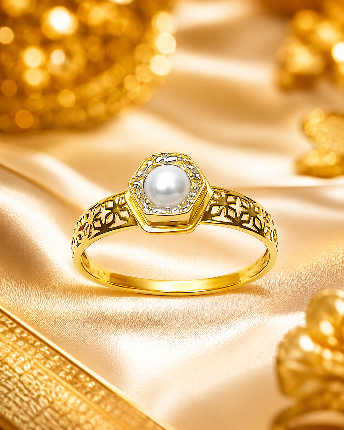 18K Gold Pearl Diamond Ring for Women
