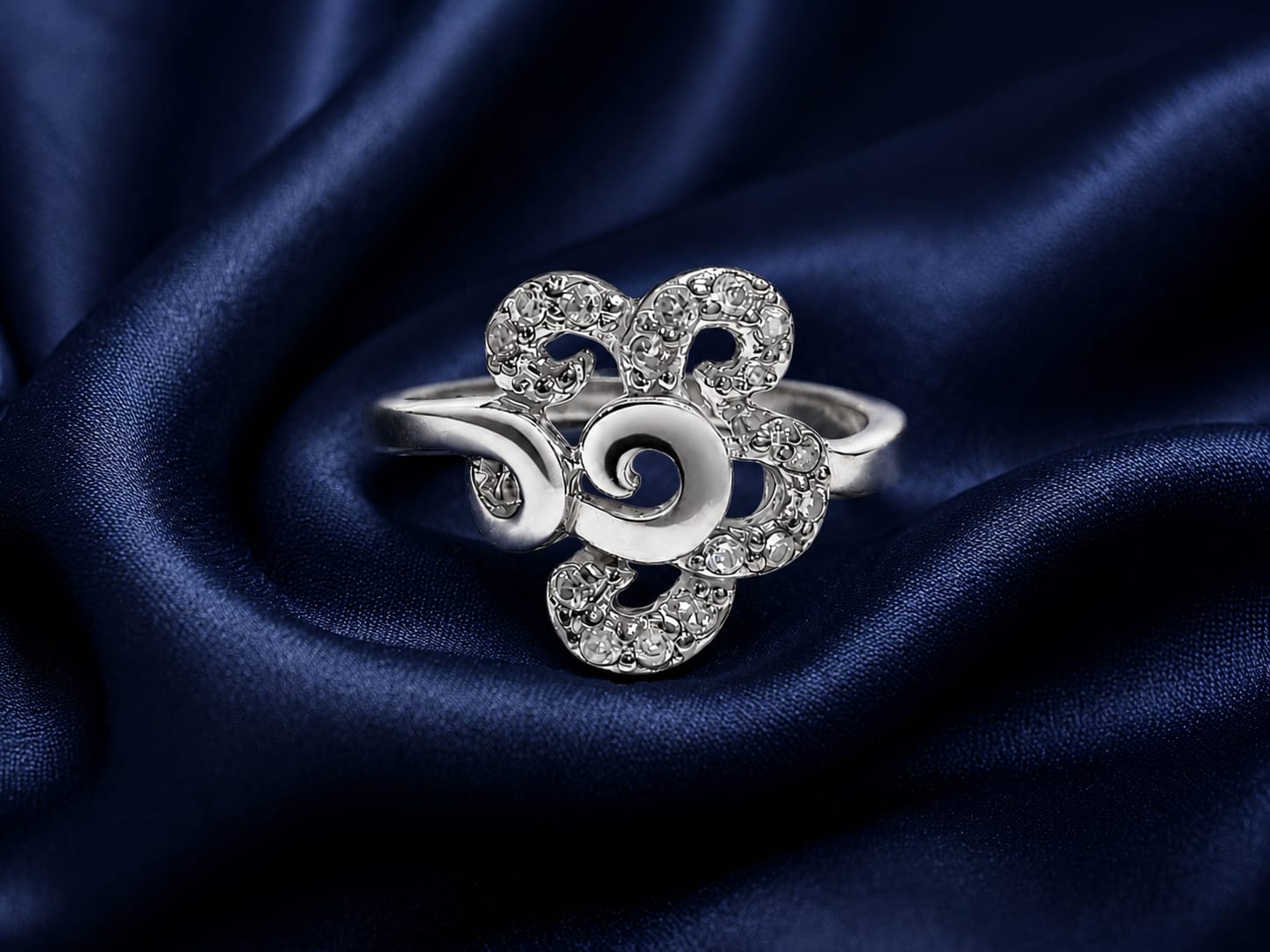 Silver Floral Swirl Adjustable Ring for Women | Elegant Crystal Statement Ring