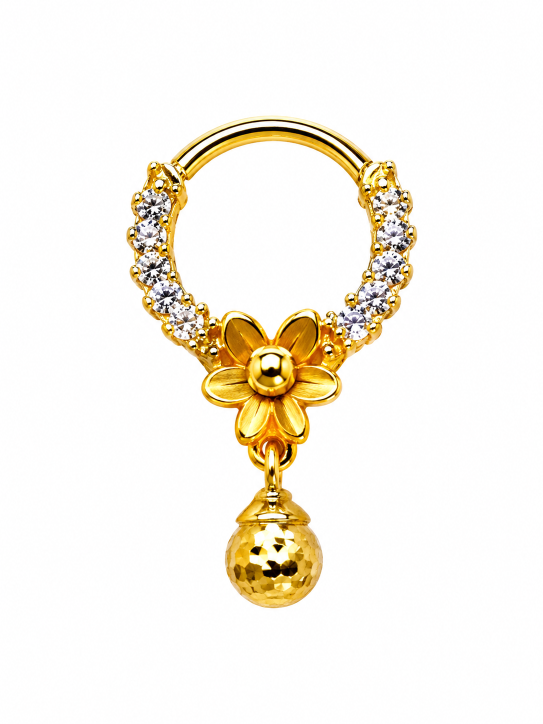 18K Gold Floral Crystal Hoop Nose Ring with Textured Ball Drop
