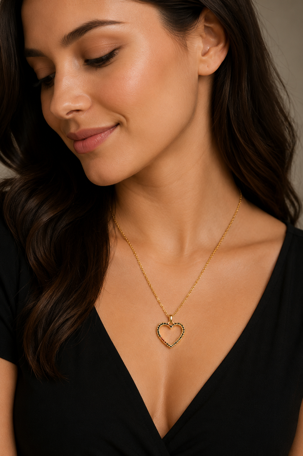 Rainbow Heart Pendant Necklace – Elegant Gold-Tone Open Heart Charm
