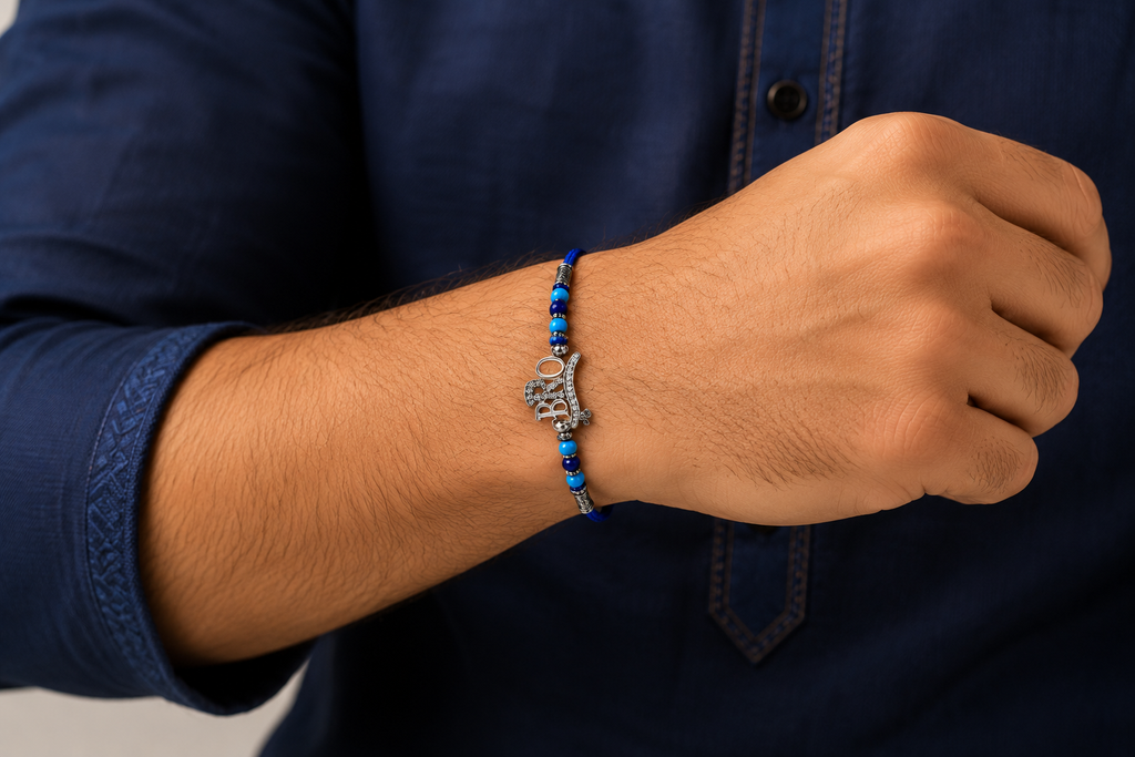 Silver-Tone Bro Bro Rakhi with Blue Beads